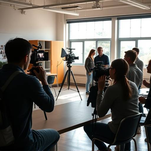 Bureau de l'école Ciné Lumière avec des étudiants travaillant sur un projet de film